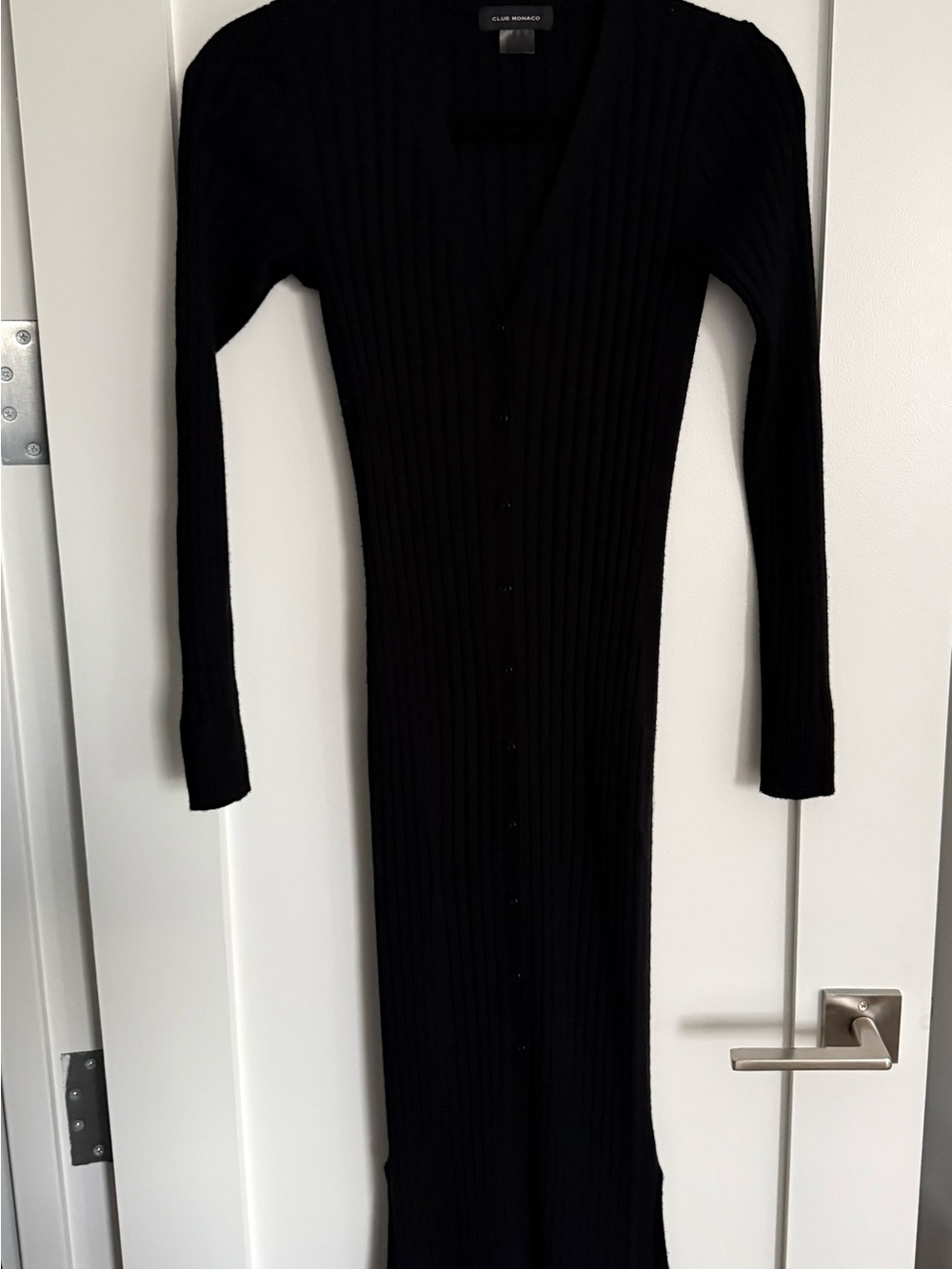 Club Monaco Black Ribbed Button-Front Midi Dress